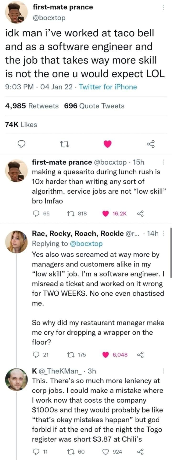 This meme is a screenshot of a Twitter conversation between two users, "first-mate" and "user", where "first-mate" shares a humorous anecdote about his experience working at Taco Bell. The text reads: "I worked at Taco Bell and as a software engineer and the job that takes way more skill is not the one you would expect LOL".